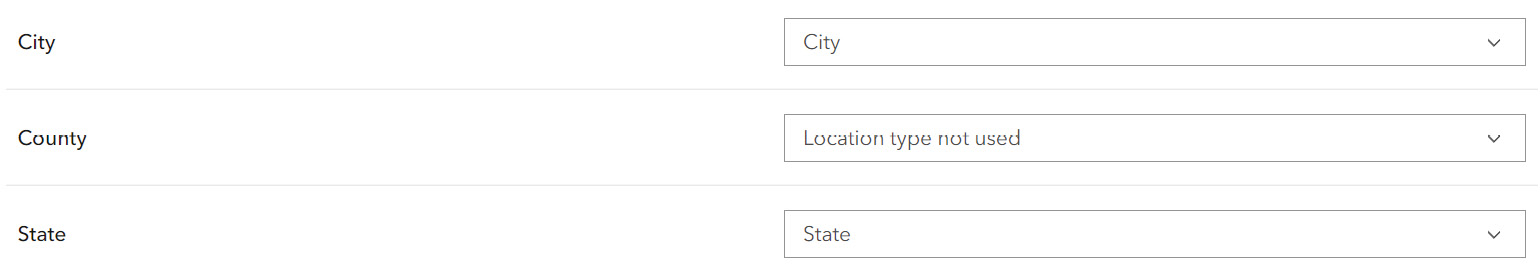 New Item window with options for city, county, and state.