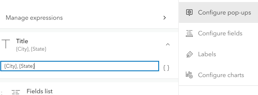 Pop-up title of city and state configured in the Configure Pop-ups pane.