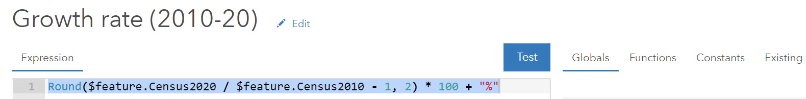 Arcade expression created for population growth rate.
